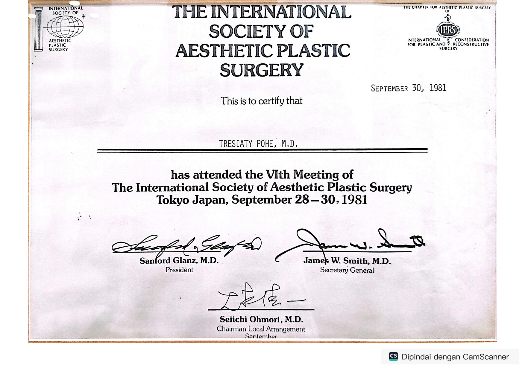 VIth Meeting of the International Society of Aesthetic Plastic Surgery — dr. Tresiaty Pohe, Sp.BP