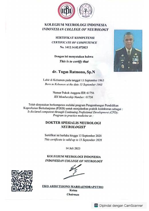 Sertifikat Kompetensi Dokter Spesialis Neurologi — Dr. dr. Tugas Ratmono, Sp.N., MARS, M.H.