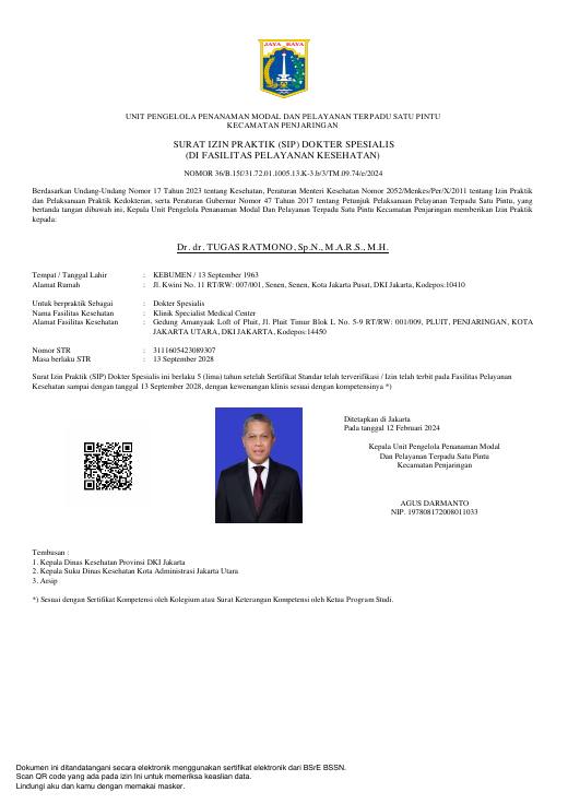Surat Izin Praktik — Dr. dr. Tugas Ratmono, Sp.N., MARS, M.H.